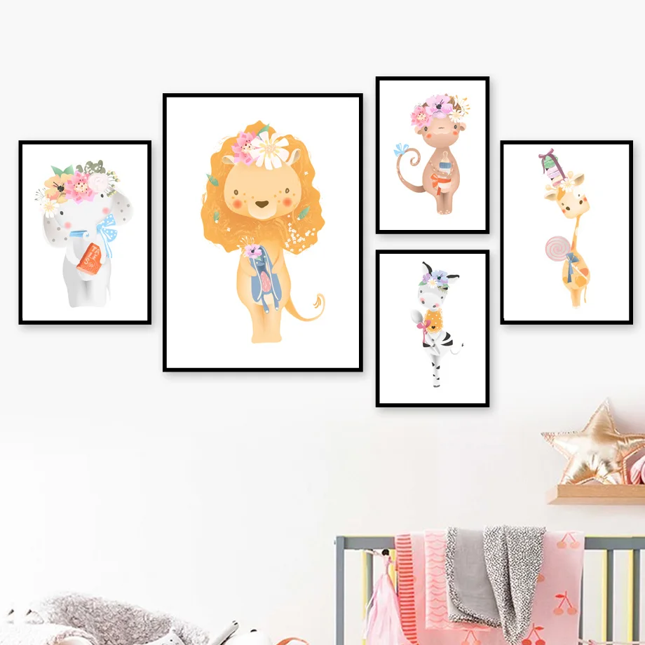 

Elephant Monkey Lion Zebra Giraffe Nursery Wall Art Canvas Painting Nordic Posters And Prints Wall Pictures Baby Kids Room Decor