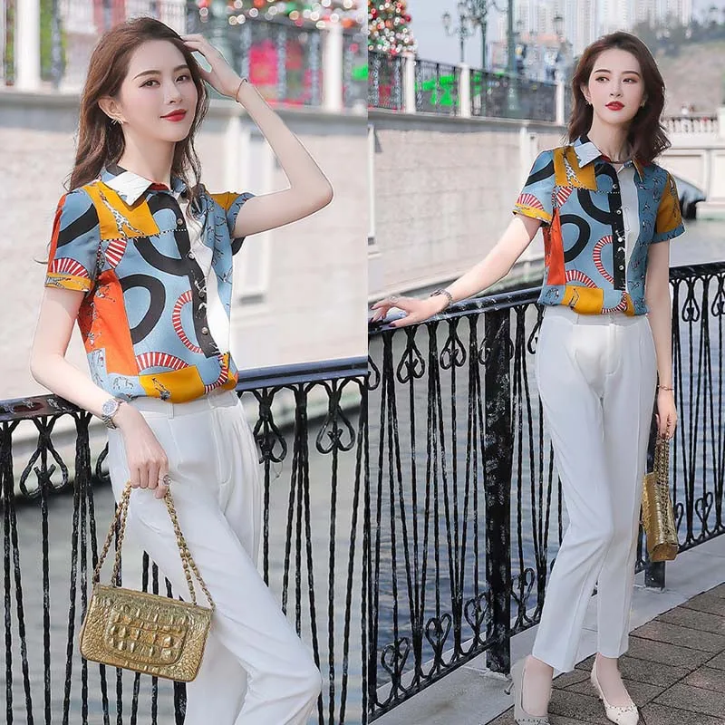 

Summer Women Harajuku Short Sleeve Turn-down Collar Slim Geometric Print Korean Chiffon Tops