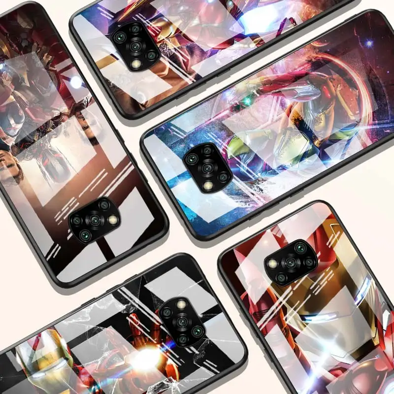 

Iron Man Cool Marvel for Xiaomi POCO X3 NFC F3 M2 X2 F2 Redmi K30 Redmi Note 9 Pro Luxury Tempered Glass Phone Case Cover