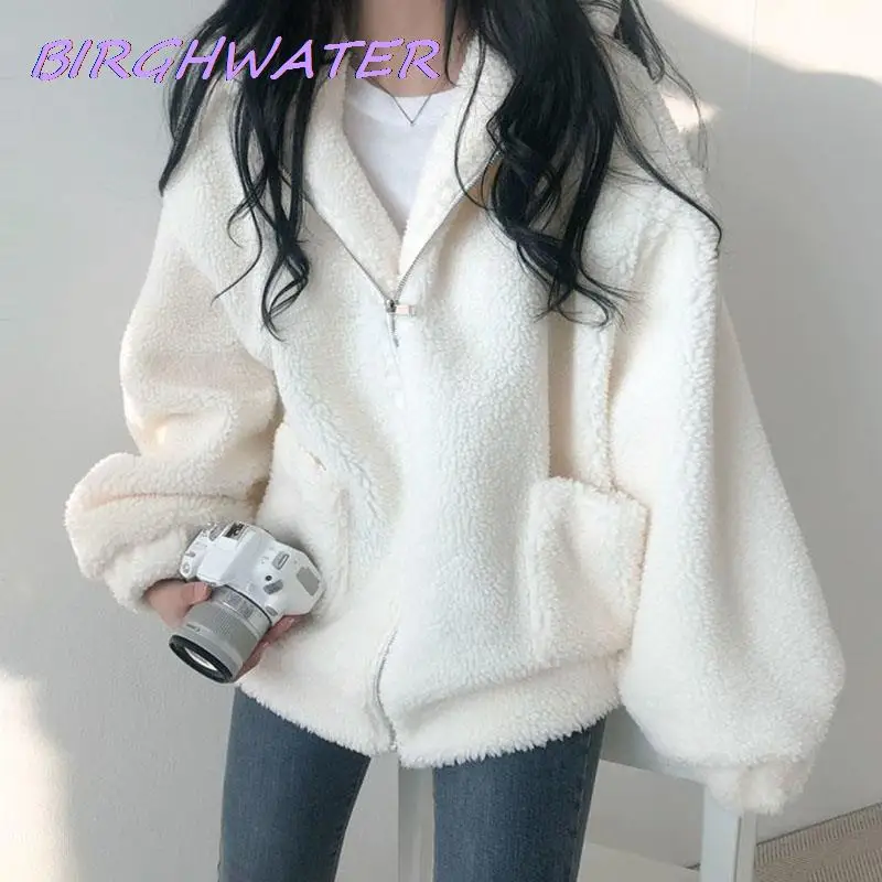 

Женские толстые кашемировые толстовки из овечьей шерсти, пальто в Корейском стиле на осень и зиму, свободное теплое пальто, повседневные уд...