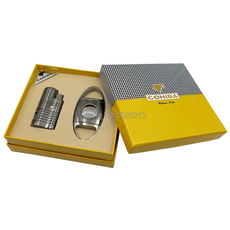 COHIBA Роскошные ветрозащитные зажигалки резак 4 фонарь Jet Flame с пуансоном набор