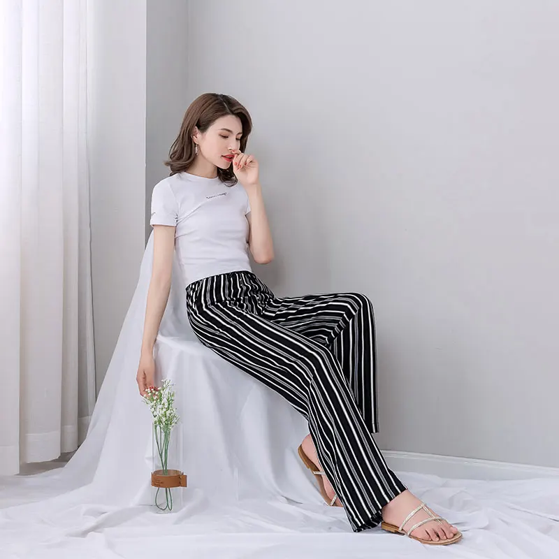 Черные Полосатые широкие брюки для женщин 2019 Летние шифоновые свободные белые