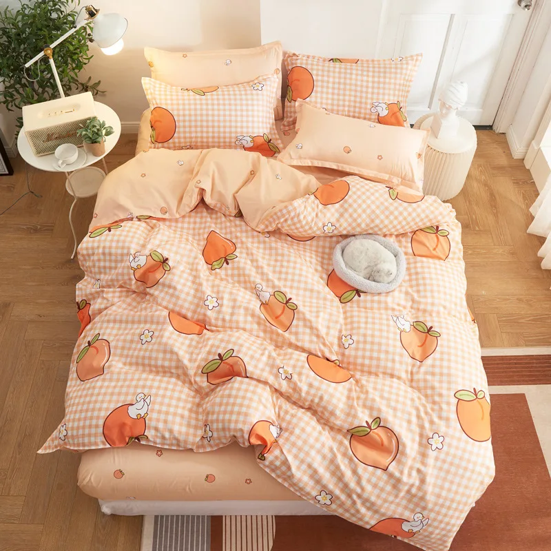 

3/4pcs Kawaii Bedding Sets Cute Peach Bed Sheet Set With Pillow Cover For Girl Bedding Set Twin Full Queen King Size Duvet Cover