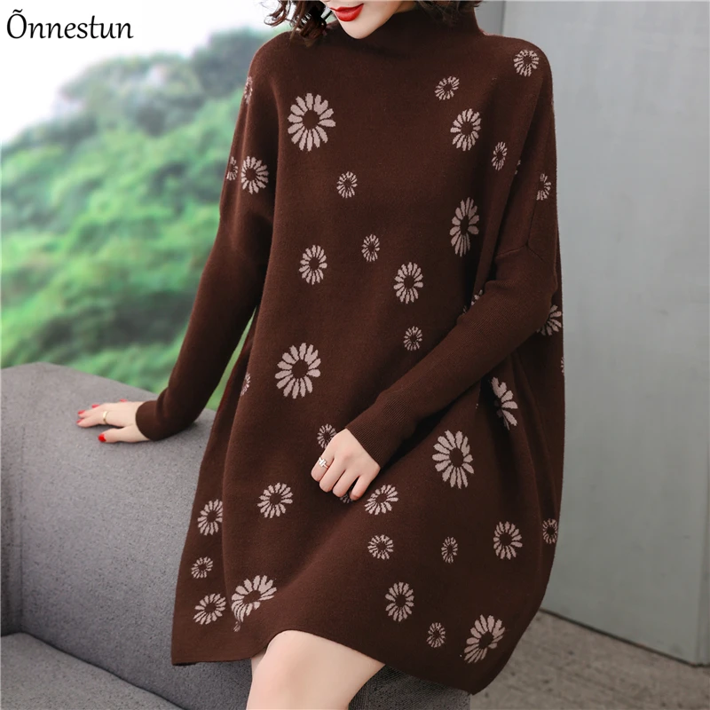 

Свитер женский с высоким воротником и принтом, вязаный пуловер, Топ с длинным рукавом в Корейском стиле, свободный свитер, осень-весна