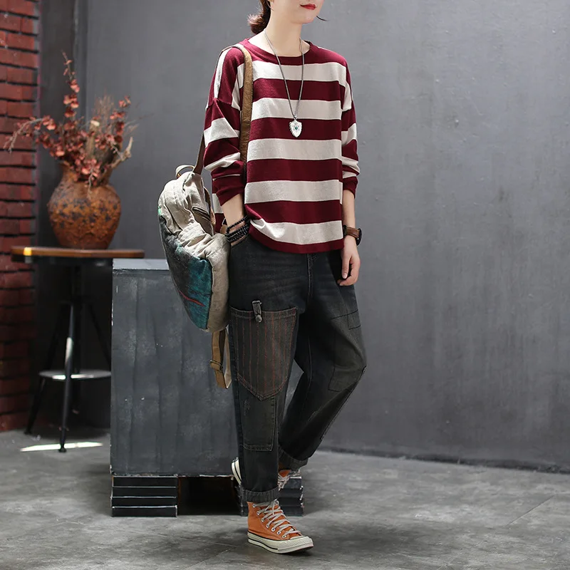 Autumn Sweater Women Retro Loose Knitting Pullovers 2019 New Ladies Tops O-Neck Long-sleeved Striped Casual Mori girl | Женская одежда