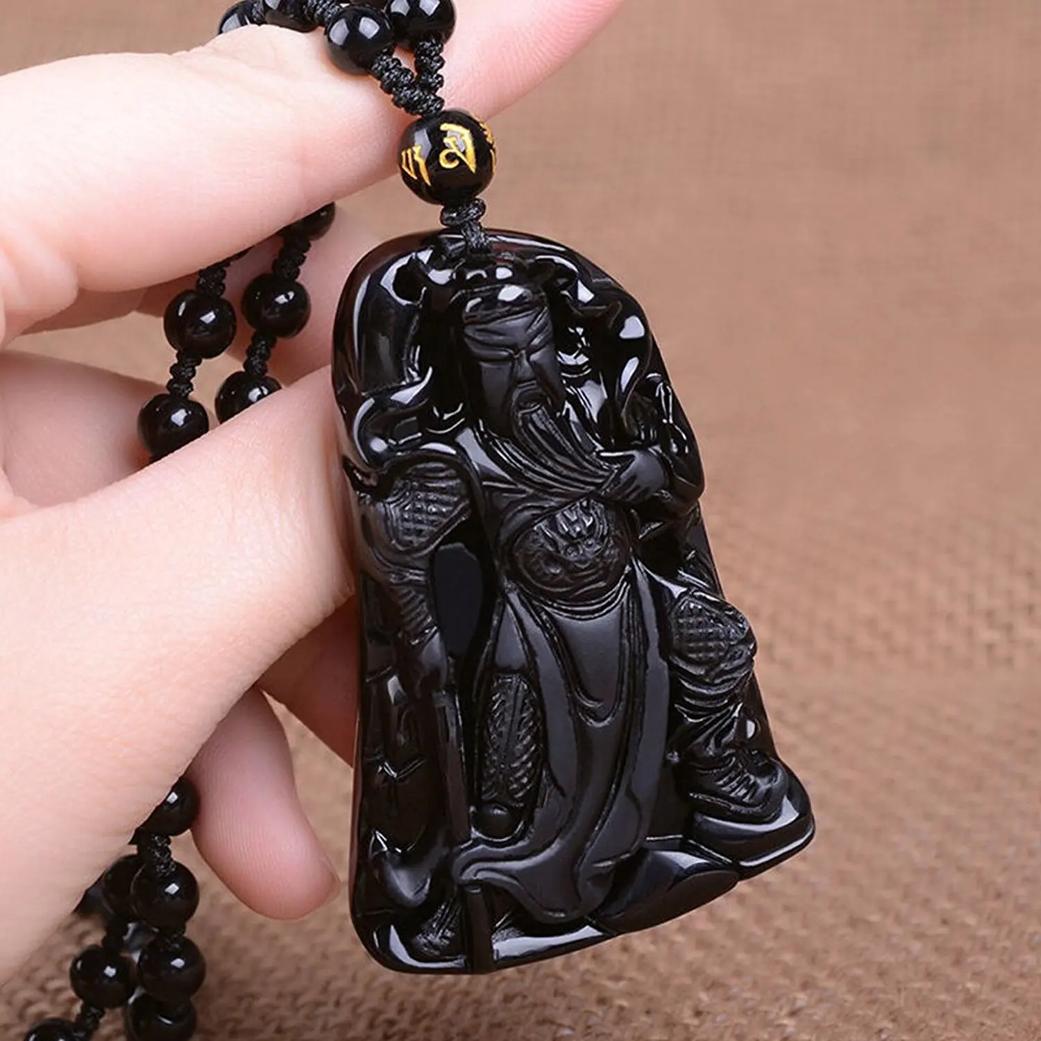 LETSFUN Изящные ювелирные изделия ручной работы резной природный обсидиан Гуань Юй