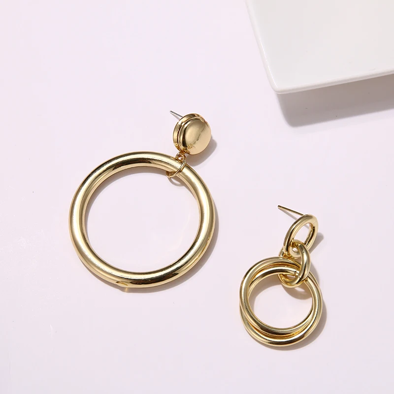 Yhpup Trendy Minimalist CCB Asymmetry Round Circle Gold Dangle Earrings Plated Gold Orecchini Statement Jewelry 925 Women Office