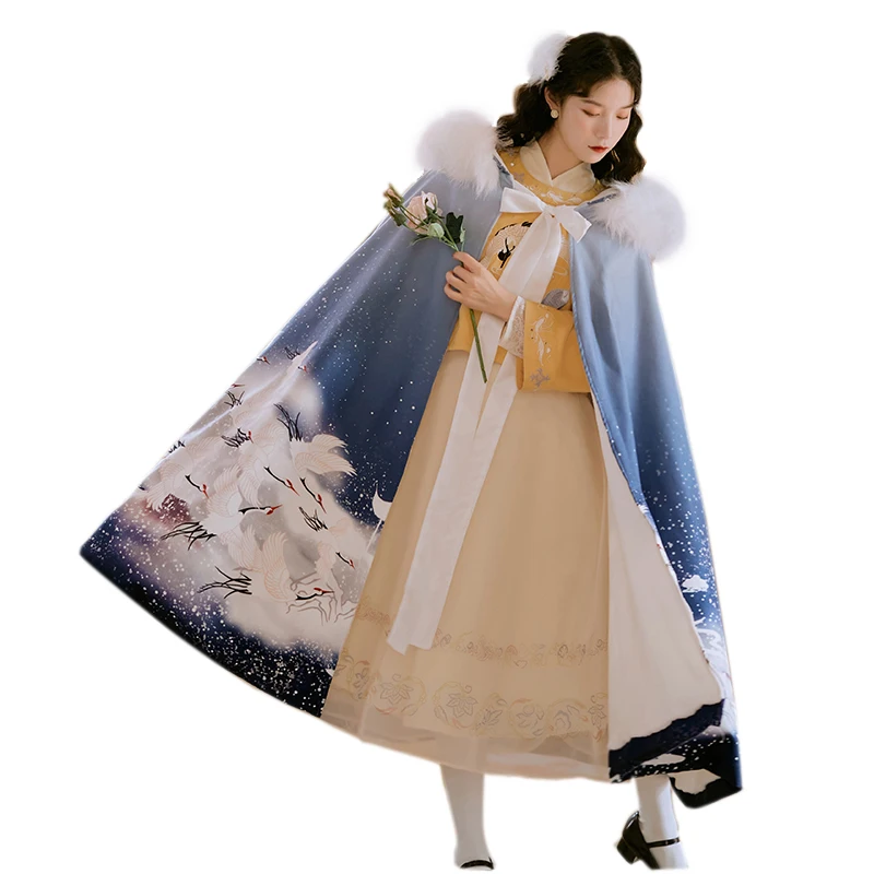

2021 Hanfu Dress For Women Adult Blue Cloak Chinese Style Classical Dance Costume Han Tang Ming Qing Dynasty Winter Coat