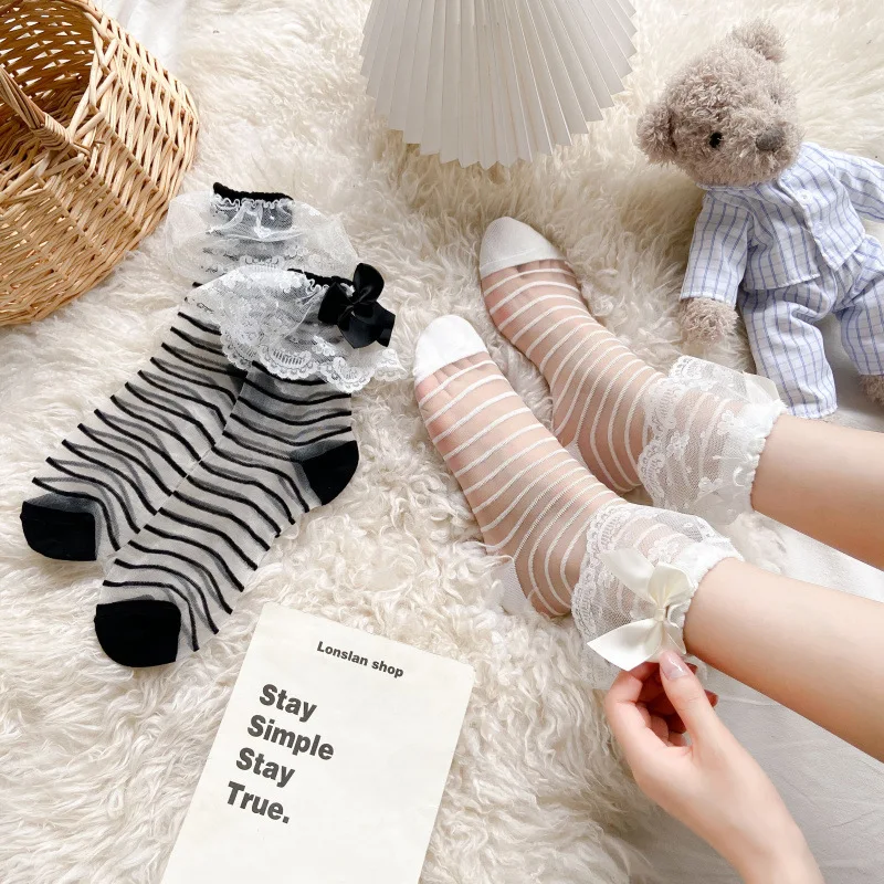 

Japanese Maiden Sweet Retro Bowknot Lace Short Socks Lolita Style Frilly Ruffle Ultra-Thin Transparent Princess Socks Striped