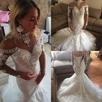 luxury high neck crystal beaded mermaid wedding dresses vintage arabic dubai plus size 3d flowers bridal gown vestidos de noiva