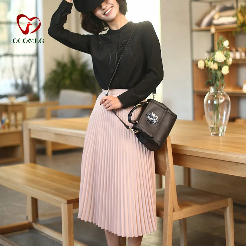 

Spring and Autumn New Fashion Women's High Waist Pleated Solid Color Half Length Elastic Skirt Promotions Lady Black Pink