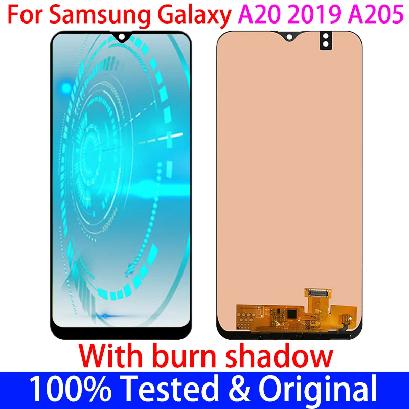 

Оригинальный ЖК-дисплей burn shadow для Samsung Galaxy A20 A205 A205F с сенсорным экраном, дигитайзер в сборе, сменная рамка, AMOLED дисплей