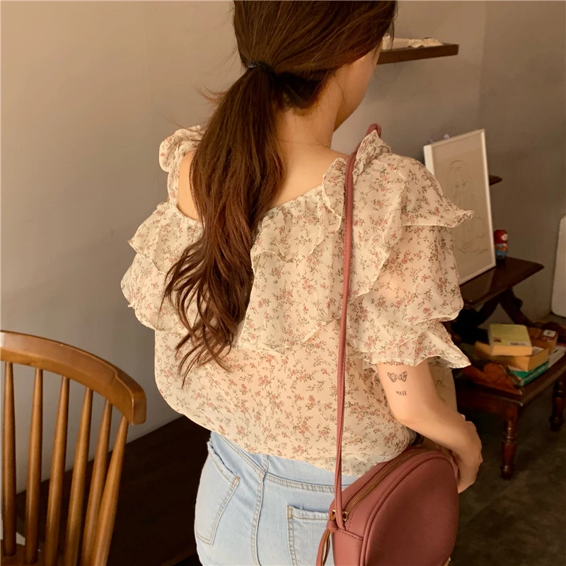 

Summer Off Shoulder Blouse Women Korean Fashion Clothing Ruffles Chiffon Shirts Sweet Style Print Ladies Fashion Brand New