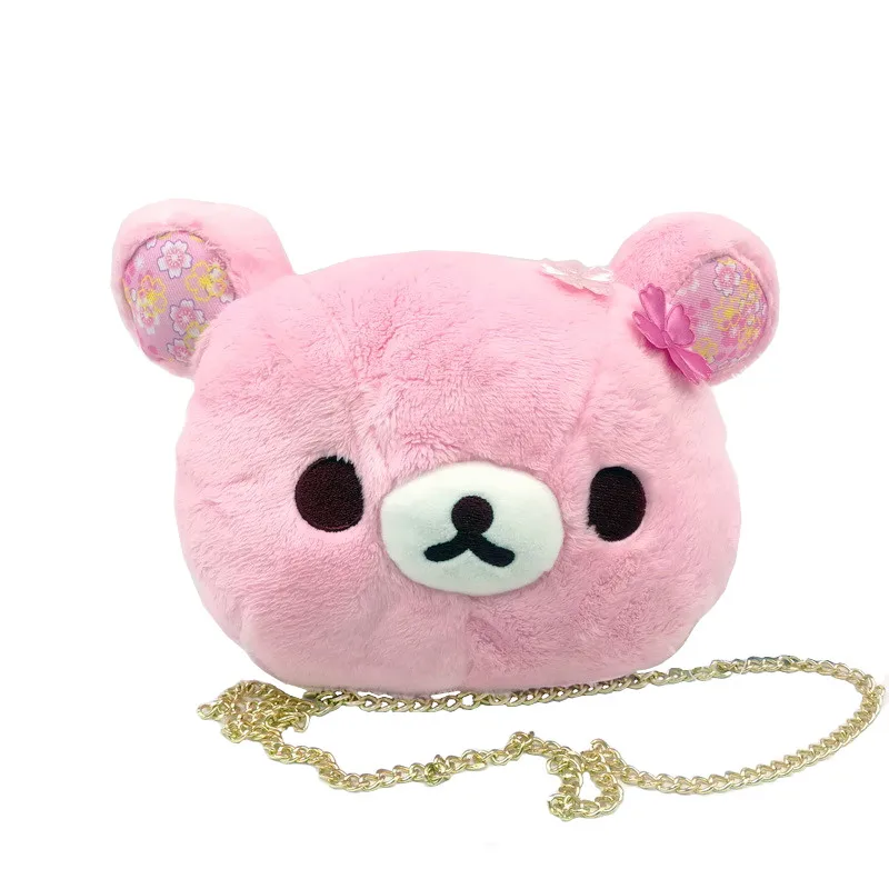 

Kawaii Rilakkuma Plush Bag Pink Cherry Blossoms Crossbody Bags for Women Girls Cute Anime Head Shape Chain Messenger Bag
