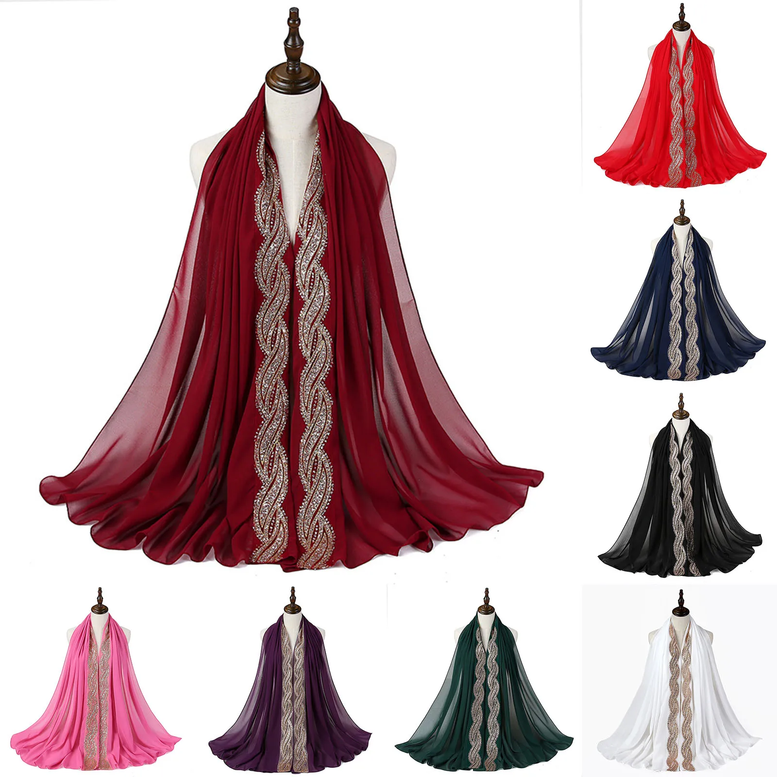 

2021 Fashion Women Chiffon Twist Shiny Lace Women's Hijab Scarf Solid Color Muslim Shawl Islamic Hijabs Arab Wrap Head Scarves