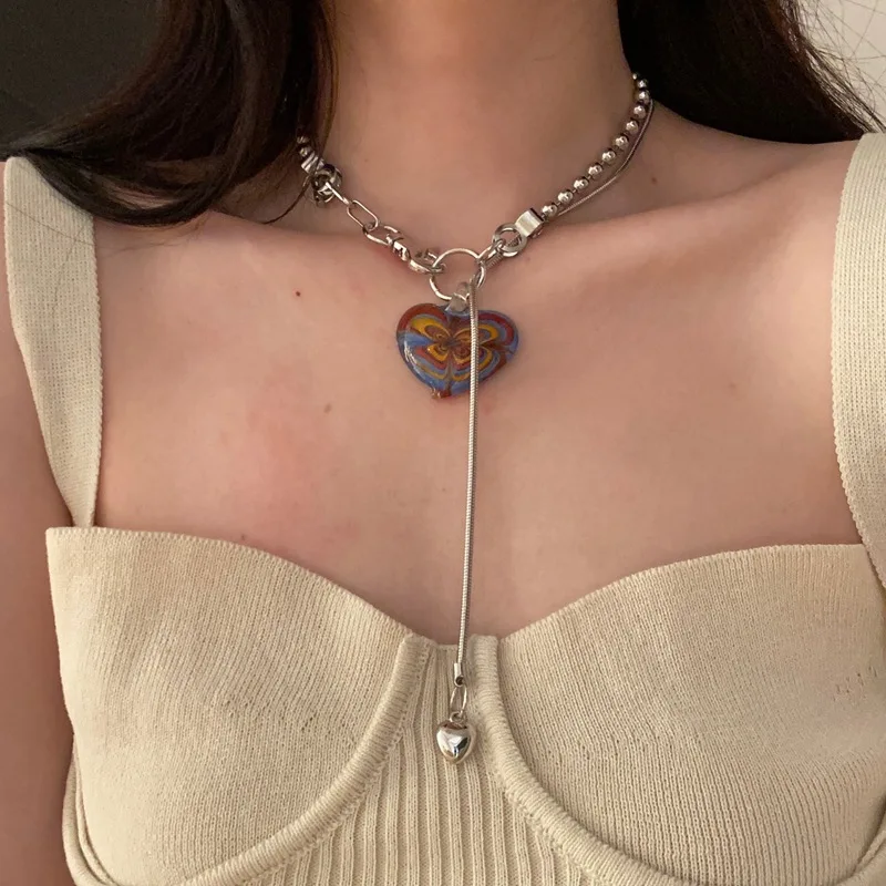 Винтажное большое глянцевое ожерелье с подвеской в форме сердца панк-цепочка
