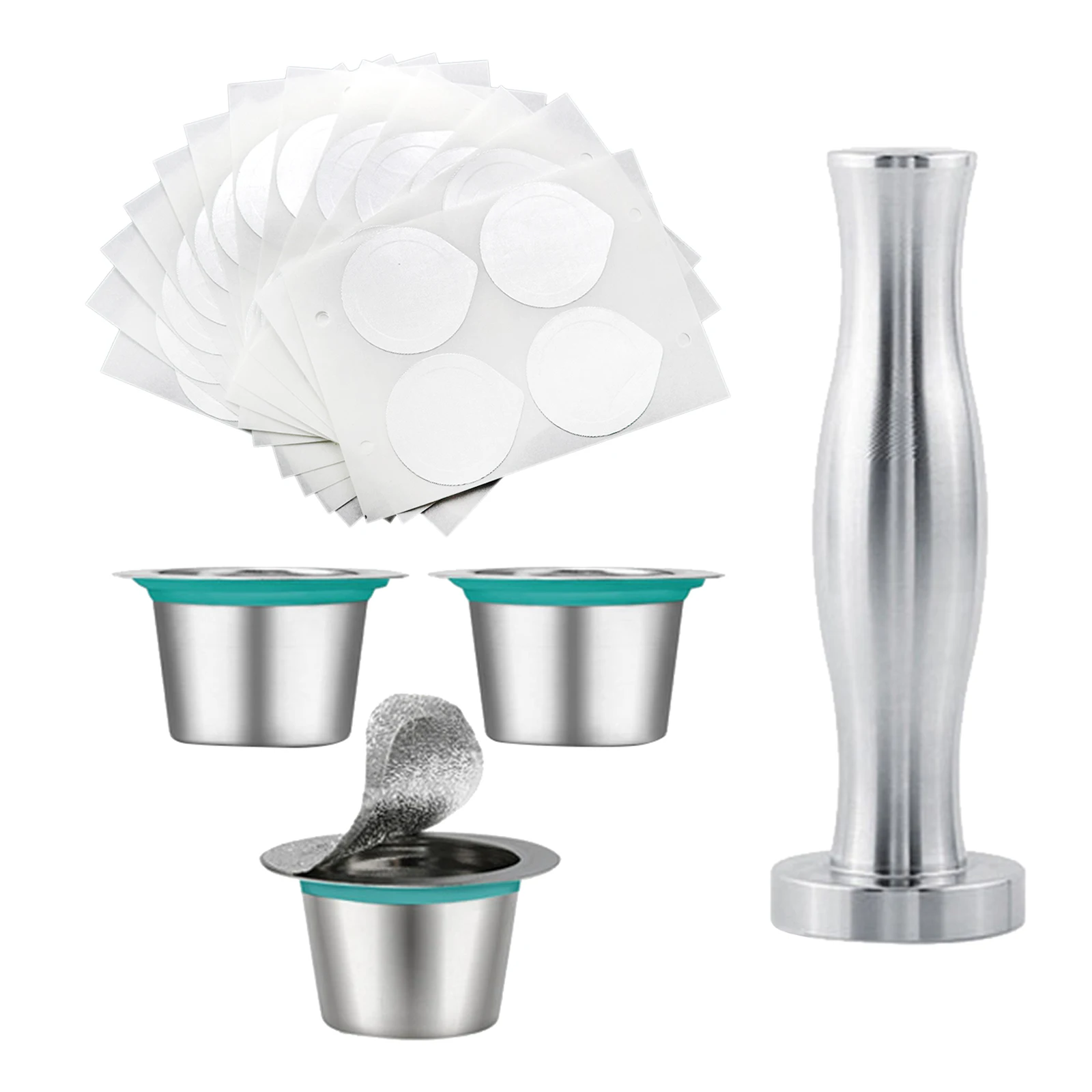 

Stainless Steel Refillable Coffee Filter Coffee Capsules Pod Coffee Powder Hammer w/ Cover Brush & Spoon Household