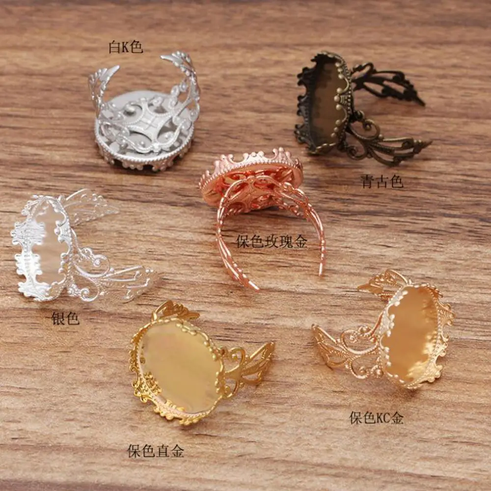 100pcs crown filigree bezel ring into 15-20mm round tray adjustable ring blanks findings cabochon ring base settings accssories