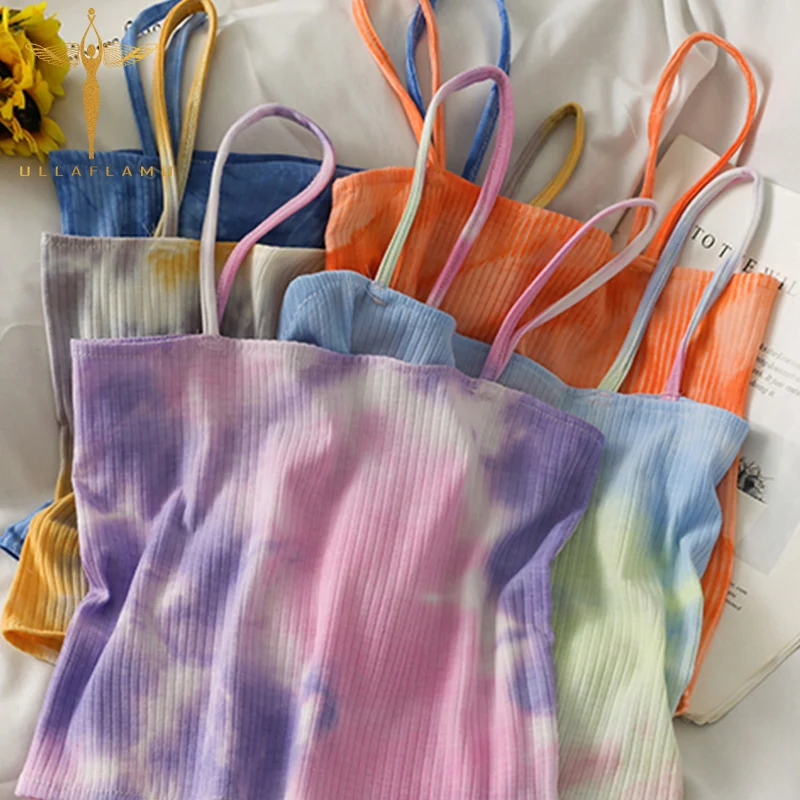 

Tie-Dye Print Camisole Womens Summer Knitted Spaghetti Strap Crop Top 7 Color Sleeveless Sexy Tank Vest Female Street Wild Camis
