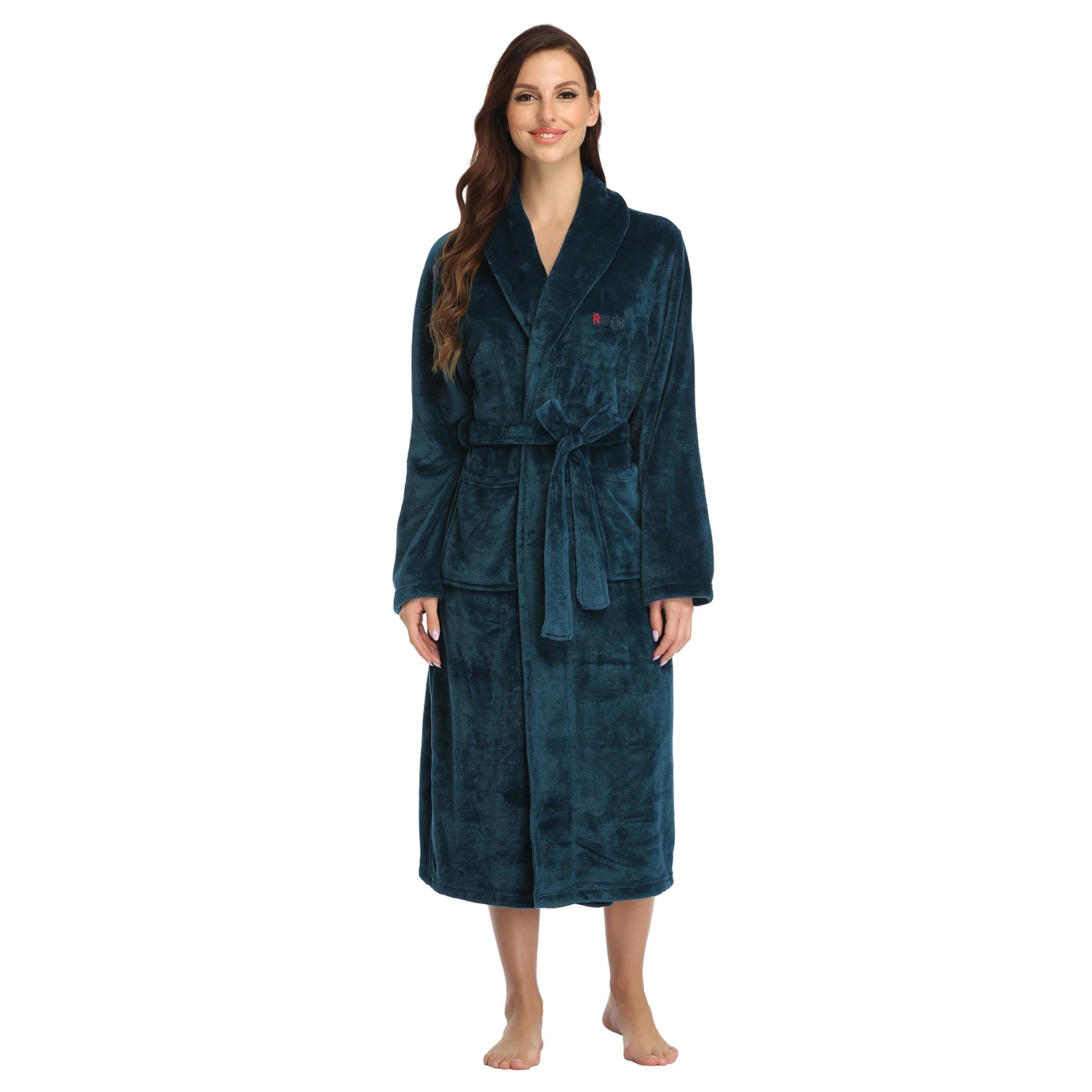 

RONGTAI Cyan Fleece Robes for Women Bathrobe with Pockets