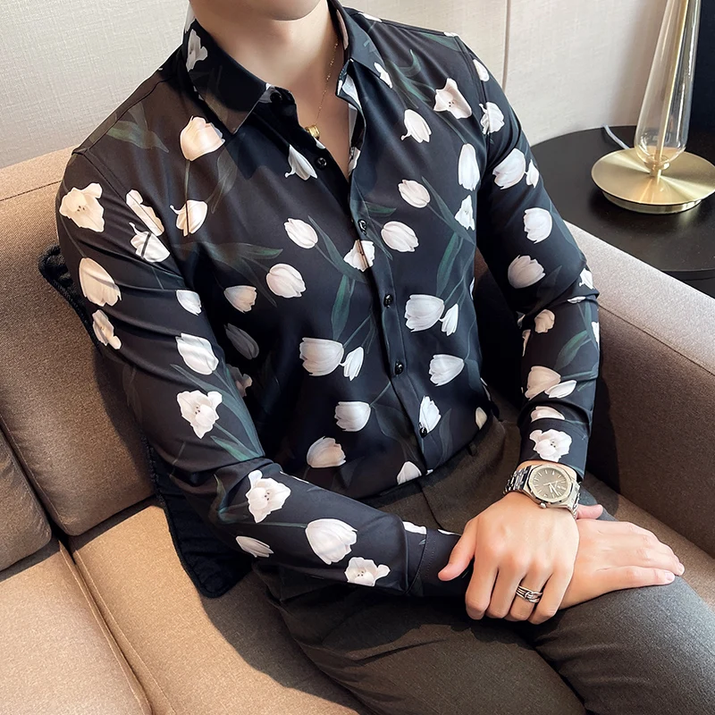 

Autumn Flower Shirts Men Long Sleeve Slim Business Formal Dress Shirt Korean Fashion Casual Social Party Streetwear Men Clothing