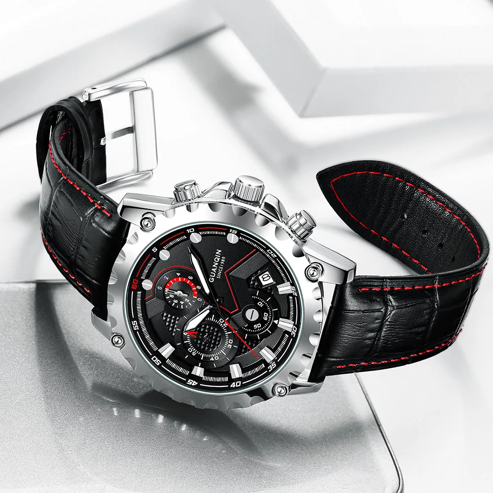 

GUANQIN men mechanical wristwatches waterproof chronograph watch movement quartz sapphire fashion leather strap date dial