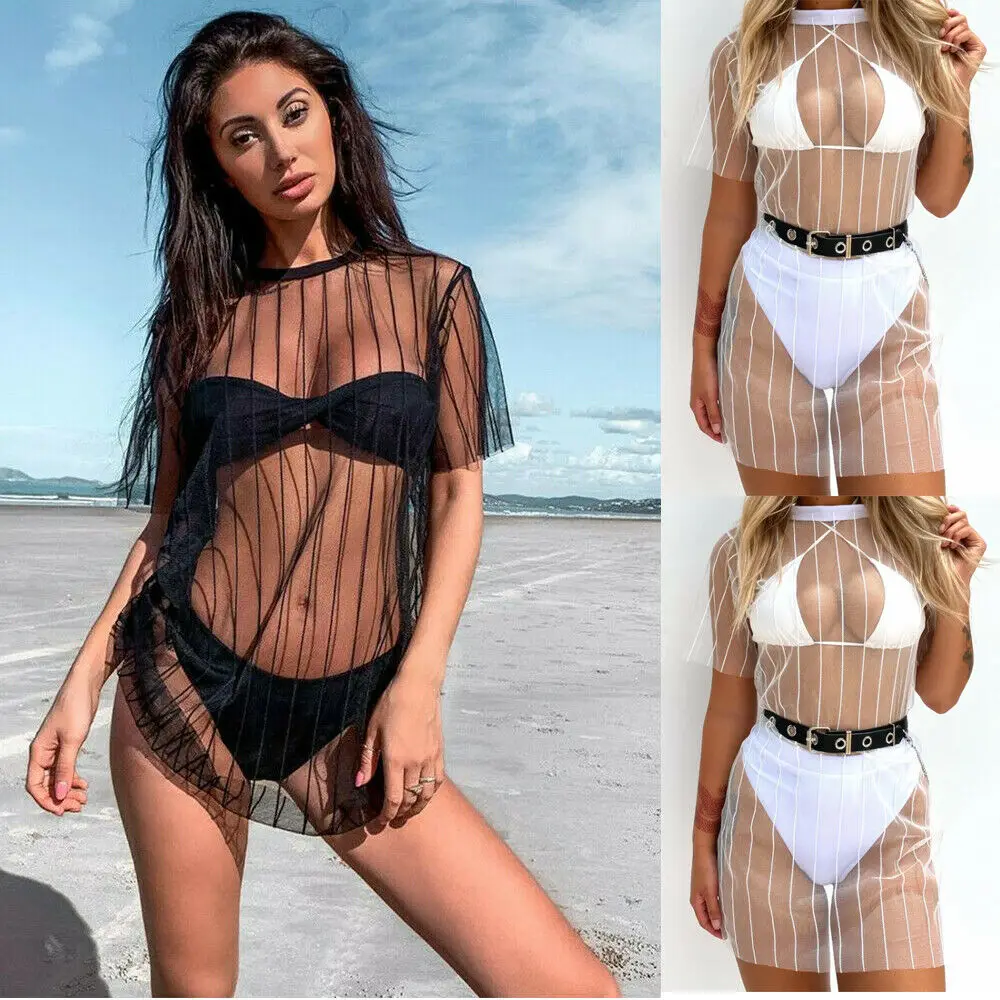 

Women Sexy Mesh Sheer Bikini Beach Cover Up Swimsuit Bathing Loose Tops
