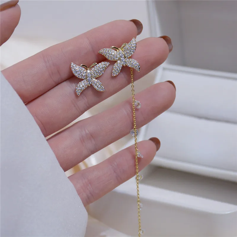 

Romantic 14K Real Gold Asymmetrical Rear-hanging Butterfly Crystal Chain Stud Earrings for Women Cubic Zircon ZC Earrings
