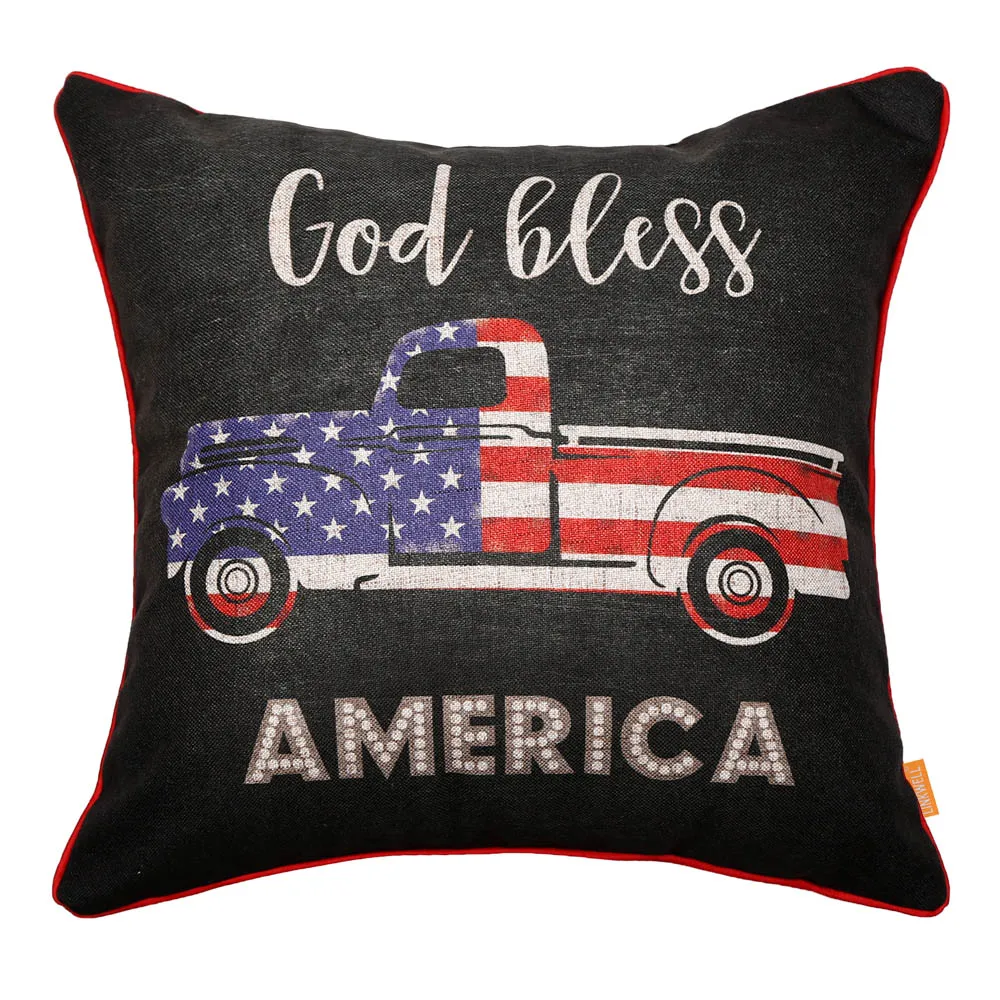 

LINKWELL 18x18 inches Blackboard Art Chalk Art Pillow Cover for 4th of July Decoration God Bless America USA National Flag Truck