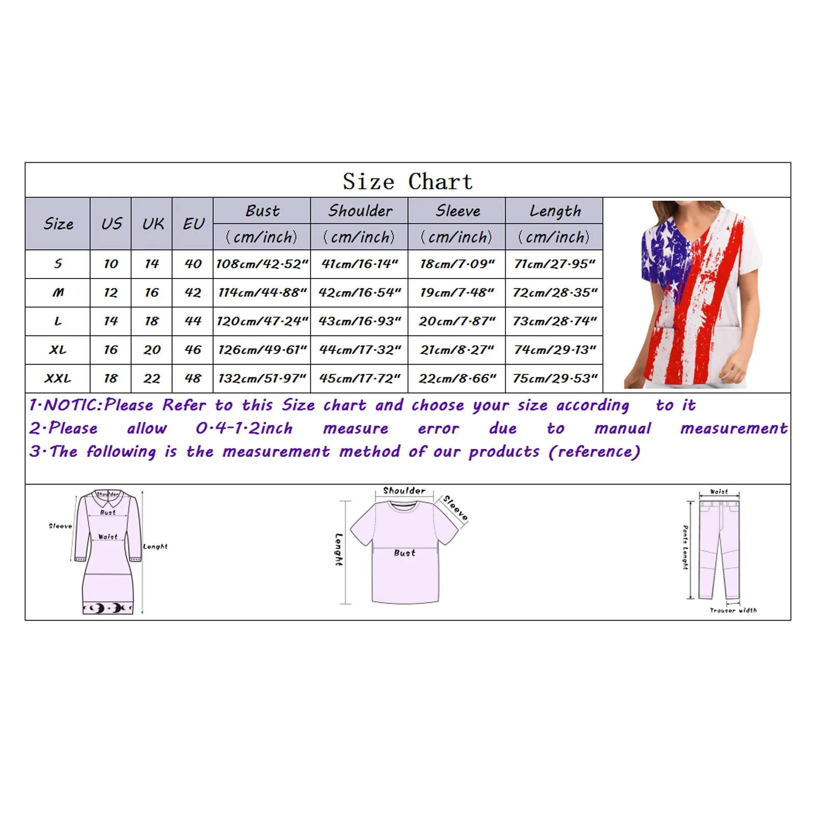 

Women Tshirt Independence Day Flag Print Short Sleeve Clinical Working Uniform Nurse Uniform V-neck Pocket Loose Nursing Clothes