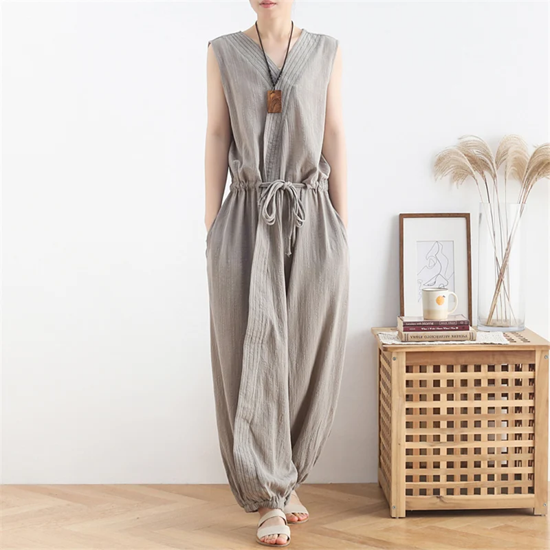 Женские комбинезоны из хлопка и льна Johnature винтажные свободные однотонные