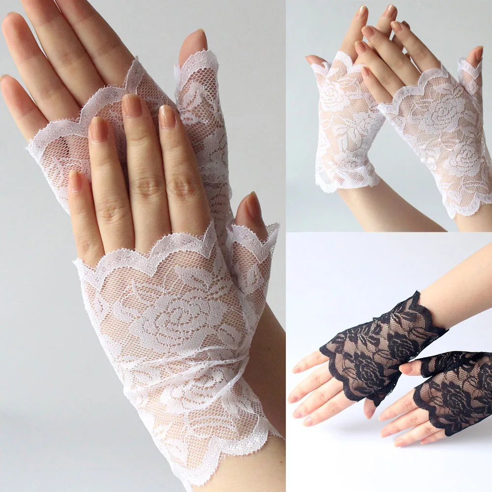

Women Hollow Out Lace Gloves Sexy Solid Ladies Sun Protection Gloves Fingerless Mesh Mittens Summer Vintage Short Gloves