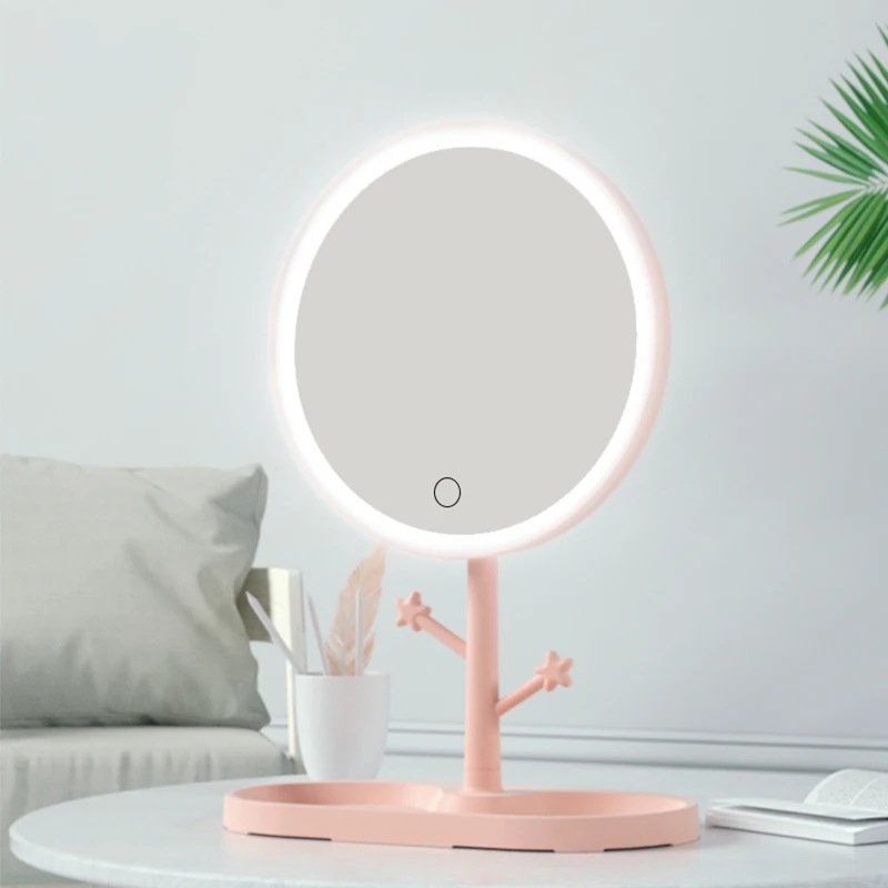 

LED Makeup Mirror With Light Ladies Storage Makeup Lamp Desktop Rotating Vanity Mirror Round Shape Cosmetic Mirrors for Bedroom