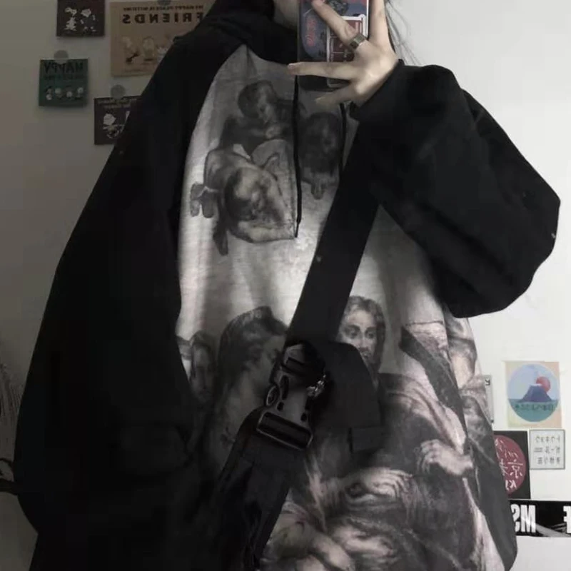 

Hoodies Women Vintage Angelo Print Hoodies Korean Harajuku Sweatshirt Long Sleeve Loose Streetwear Autumn Punk Clothes