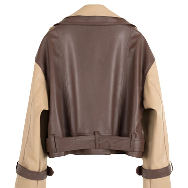 

CHICEVER Patchwork Streetwear PU Jacket For Women Lapel Long Sleeve Plus Size Loose Hit Color Jackets Female Fashion New Clothes