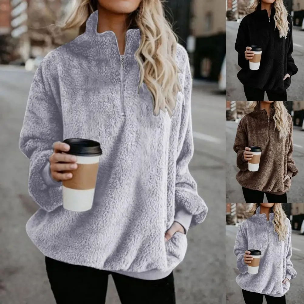 

Long Sleeve Two Pockets Pullover Sweatshirt Plush Turtleneck Zipper Neck Women Fluffy Sweatshirt Outerwear