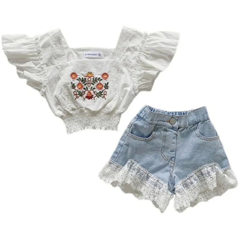 

Baby Girls 2PCS Clothing Korean Fashion Toddler Kids Lace Embroidery Floral Cotton Crop Tee Tops+Denim Shorts Children Suits Set