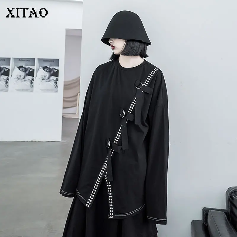 XITAO расшитая блестками тонкая футболка женская одежда нерегулярные Сплит Ложные 2 шт Лоскутная элегантная повседневная футболка на шнурке WQR1942