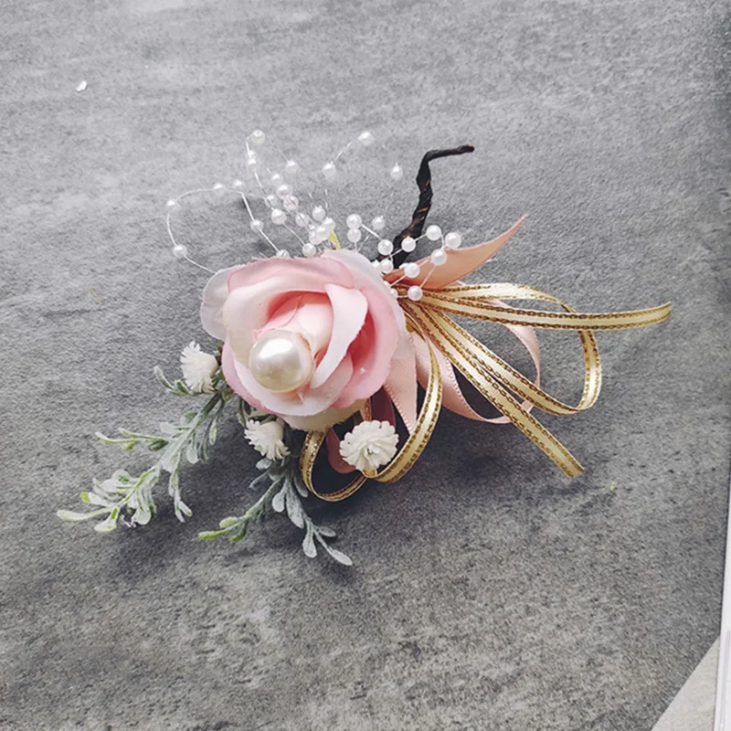 

Girls Bridesmaid Wrist Flowers Bracelet Wedding Party Corsage Fabric Hand Flowers Ribbon Rose Flowers Pearl Bow Bridel Gifts