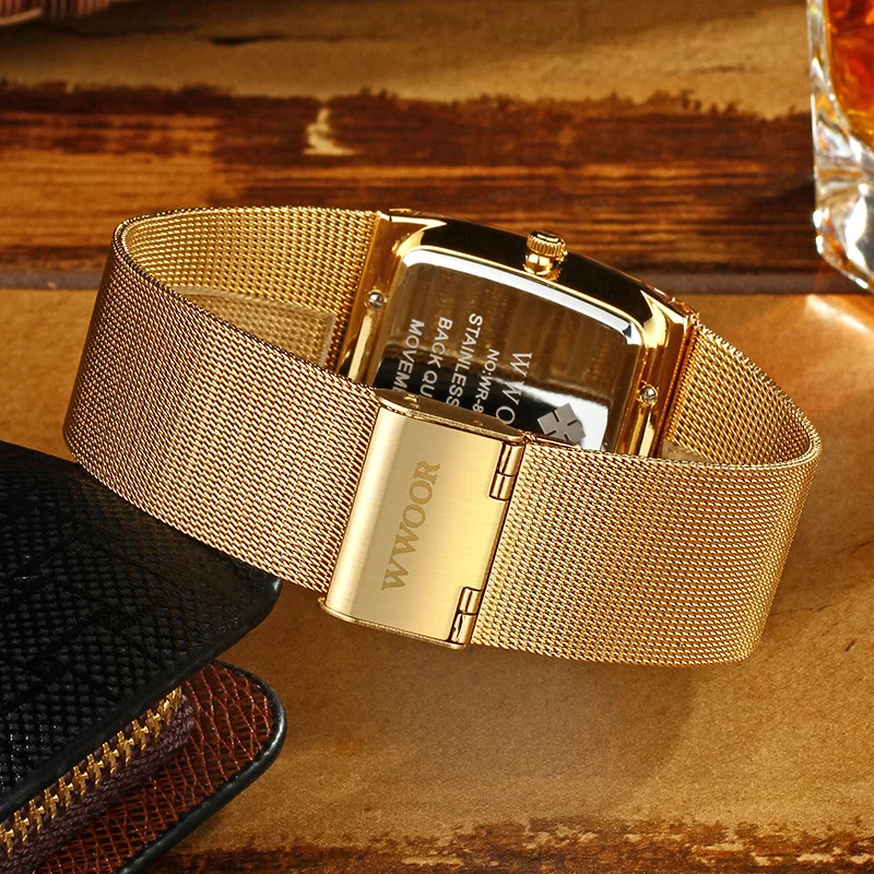 Japan Quartz Movement Watches Mens WWOOR Top Brand Luxury Ultra Thin Gold Steel Mesh Watch For Men Square Waterproof Wrist Watch