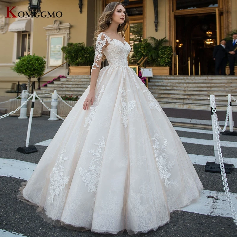 

Luxury Lace Appliques Tulle Chapel Train Bridal Ball Gown Elegant Illusion O-Neck Full Sleeve Embroidery Wedding Dress 2021