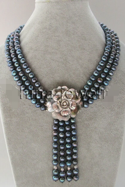 

Wholesale 100% Natural jewelry >17-19" 3row 8-9mm black round freshwater pearl necklace + 4pieces pendant