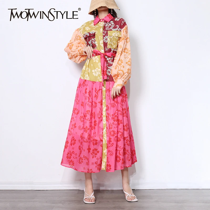 

TWOTWINSTYLE Vintage Patchwork Dual Pocket Dress For Women Lapel Long Sleeve Print Hit Color Dresses Female Fashion New Clothes