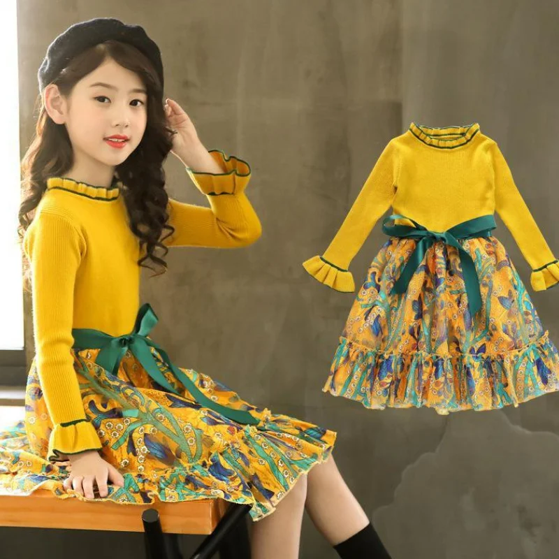 New Sweet Baby Girls Cute Sweater Dress Spring Autumn Girl Party Princess For Kids Flowers Long Sleeve 4-13 Year | Детская одежда и