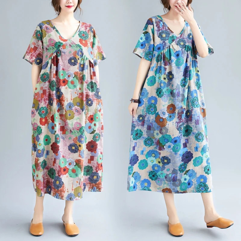 

2020 новые летние художественный ретро из хлопка и льна для малышей с принтом и короткими рукавами платье свободного кроя с v-образным вырезом...