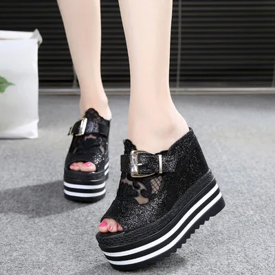 

Summer New High Heel Slipper Female Thick-soled Water platform Slope With shoes Sexy Fish mouth Cool Wedge Slippers Crystal