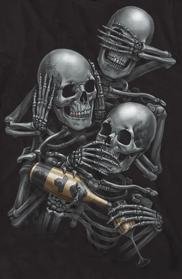 

See No, Hear No, Drinking No. Art Tattoo Ink Skull T-Shirt Summer Cotton Short Sleeve O-Neck Unisex T Shirt New S-3XL