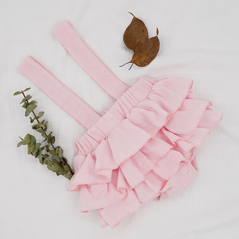2020 New Baby Girls Linen Bloomers Shorts Fashion Toddlers Kids Pink Tutu Skirts Faldas Ruffle Straps Pants For Newborn Spodnica images - 6