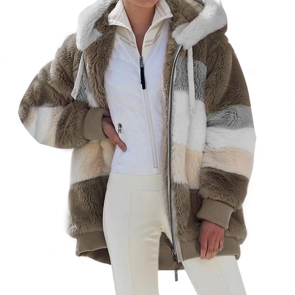 

Winter Women Jacket Fashion Plush Patchwork Zipper Pocket Winter Hooded Jacket Retro Loose Long Sleeve Plus Size Women Top Coat