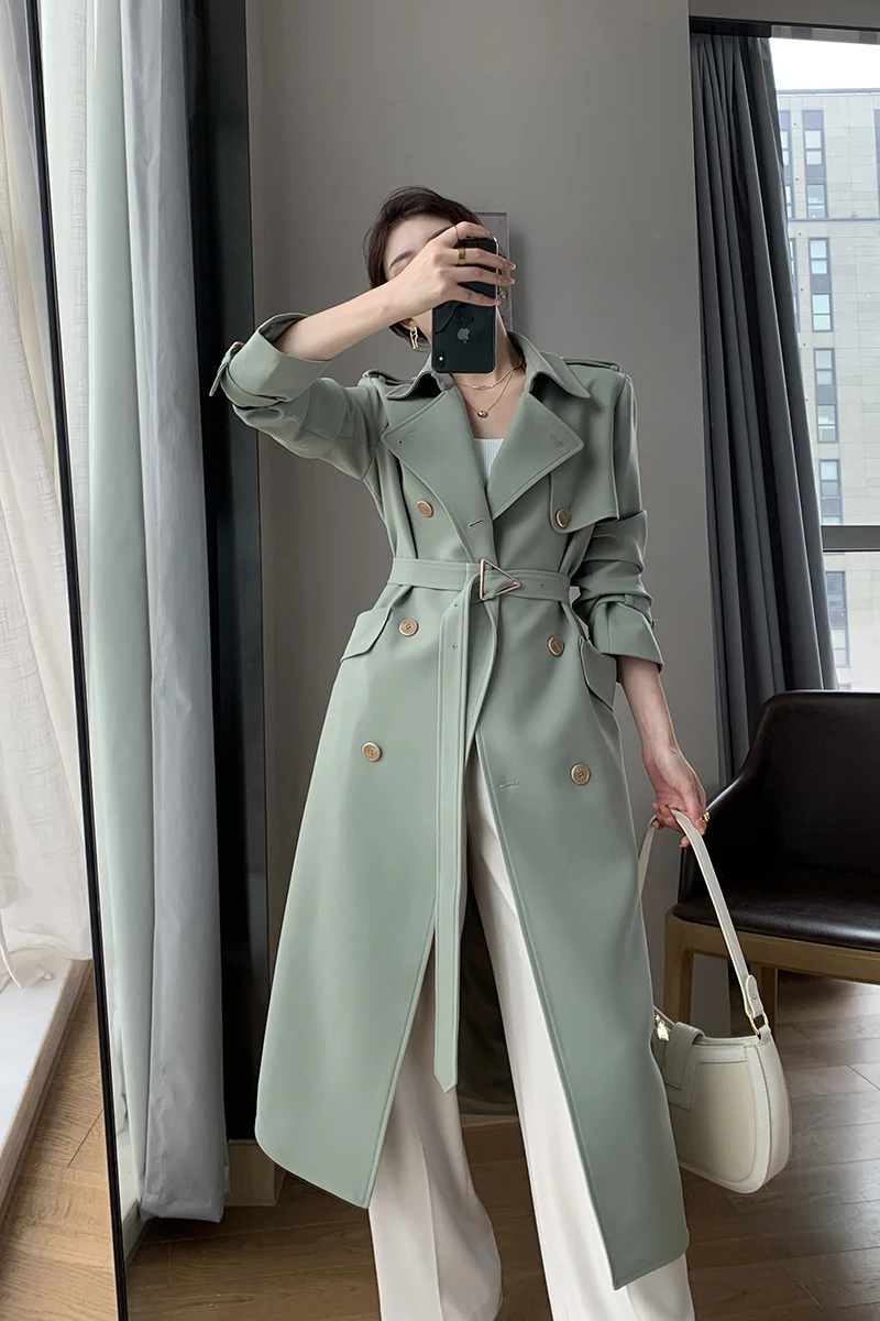 

Windbreaker Women's 2021 Spring New High End Temperament Long Over Knee Chic Classic Work OL Trench Coat Outwear Belt Ladies